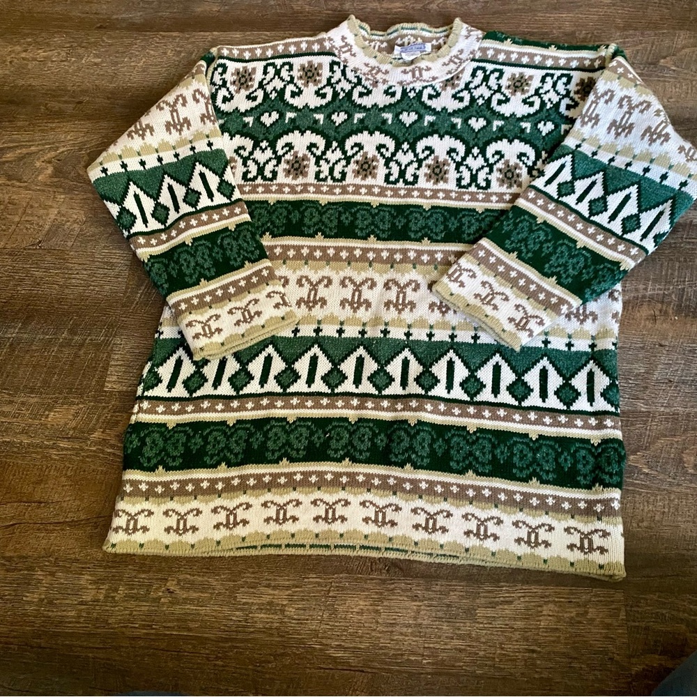 Vintage Arielle Sweater Sz Medium Green Tan Fair Isle Crewneck Pullover USA 90s